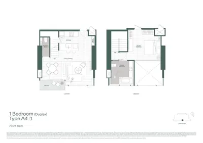 Modern 1-bedroom duplex floor plan with balcony and spacious living area.