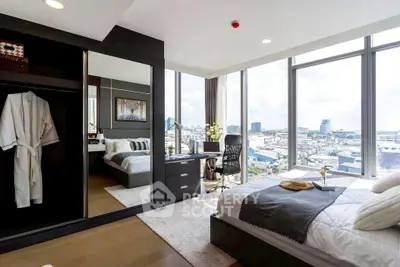 Luxurious bedroom with stunning city view and modern furnishings