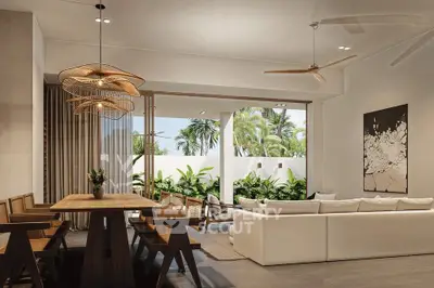 Luxurious open-plan living room with elegant dining area and lush garden view.