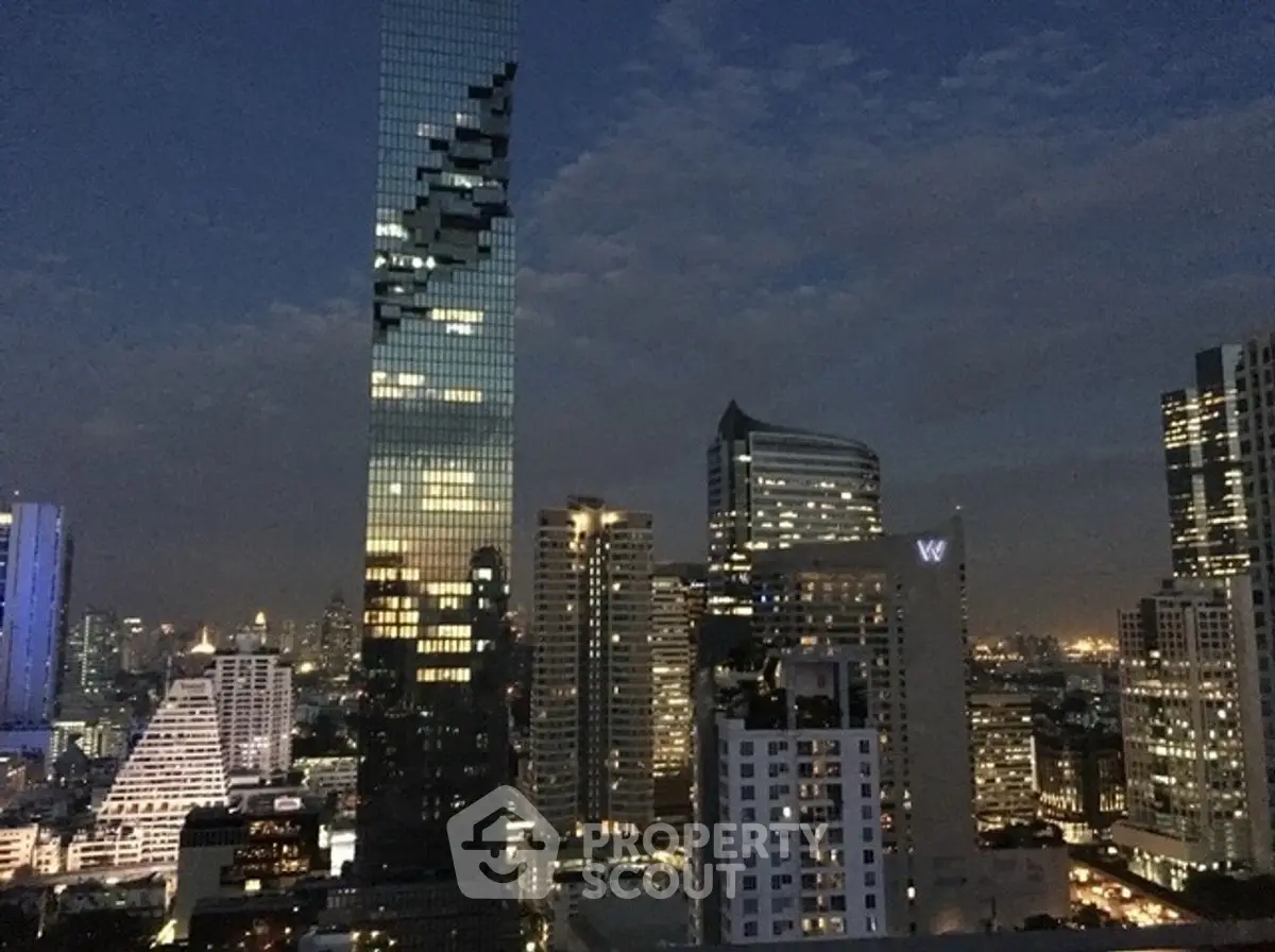 Stunning cityscape view featuring modern skyscrapers at dusk, highlighting urban architectural elegance.