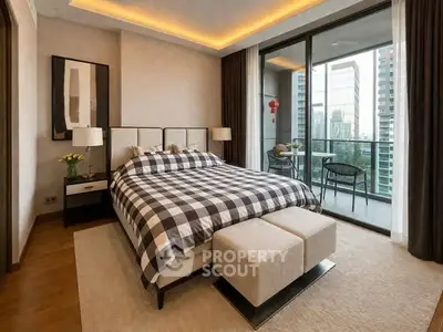 Luxurious bedroom with modern decor and balcony view in high-rise apartment