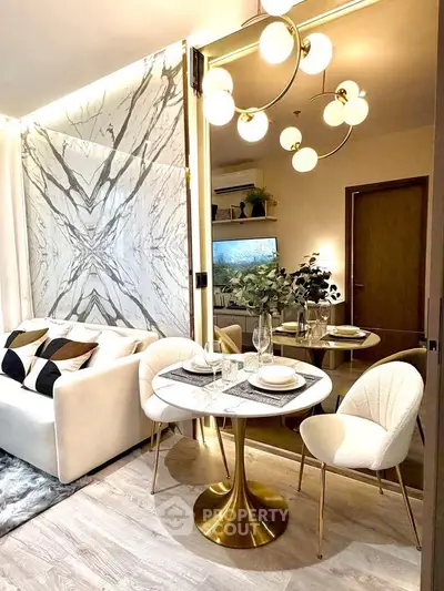 Luxurious modern living room with elegant dining area and stylish lighting