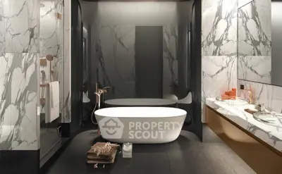 Luxurious modern bathroom with elegant marble walls and freestanding bathtub