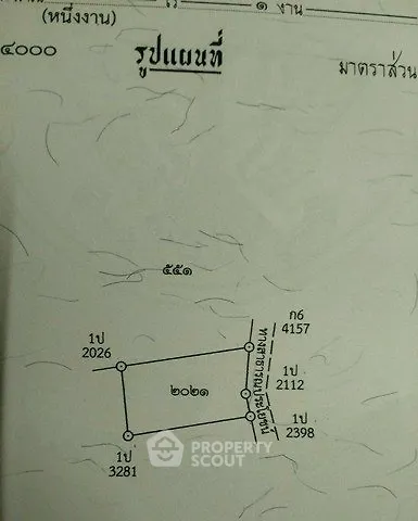 Detailed schematic plan of a property plot with measurements and boundaries.