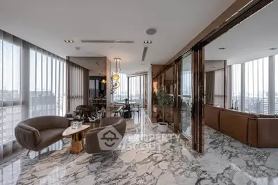 Luxurious modern living room with marble floors and panoramic city views