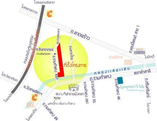 Map showing location of Lumpini Ville condominium project near major roads and landmarks.