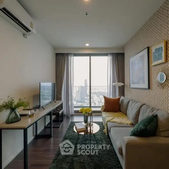 Modern living room with city view, stylish decor, and natural light.