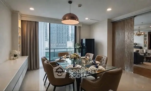 Luxurious dining area with elegant decor and city view, perfect for entertaining guests.