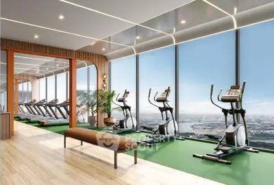 Luxurious gym with panoramic city views and modern fitness equipment