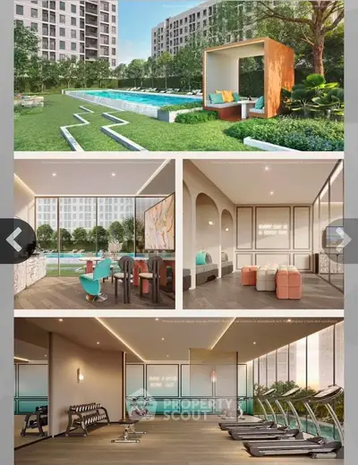 Luxurious apartment complex with pool, gym, and modern amenities in a lush green setting.