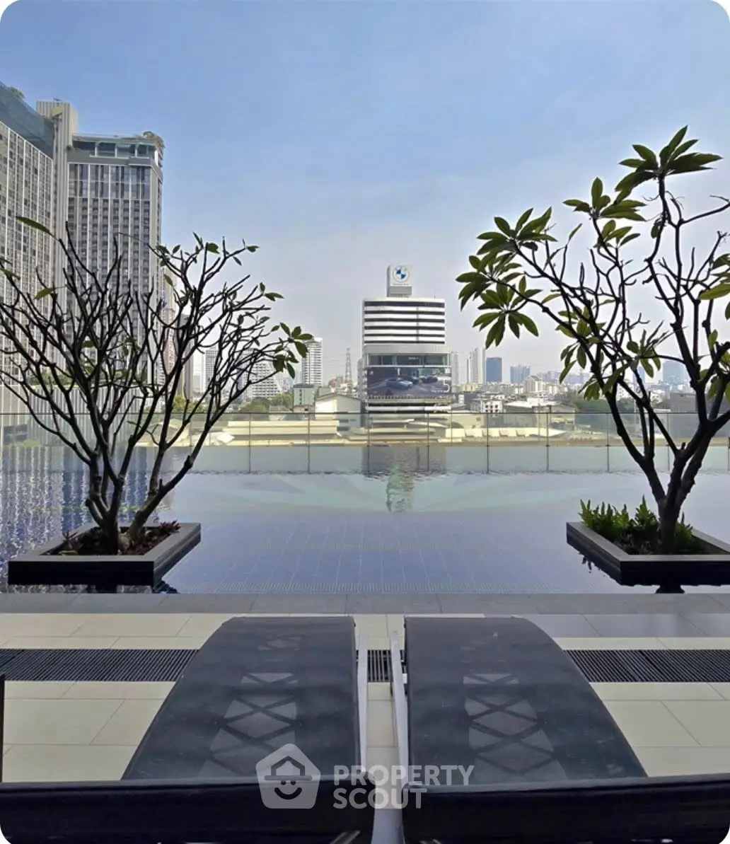 Luxurious rooftop pool with stunning city skyline view, perfect for relaxation and leisure in urban living.