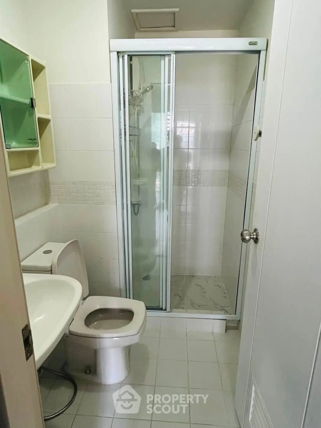Compact bathroom with shower enclosure and modern fixtures in a cozy apartment.