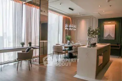 Luxurious modern living room with elegant dining area and floor-to-ceiling windows.