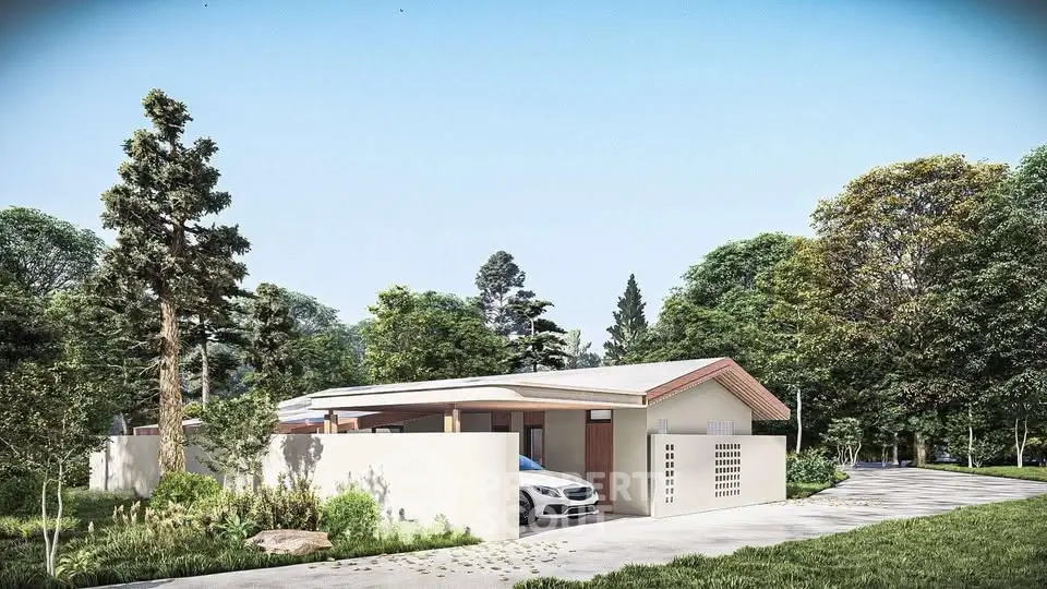 Charming modern house with lush garden and driveway in serene neighborhood