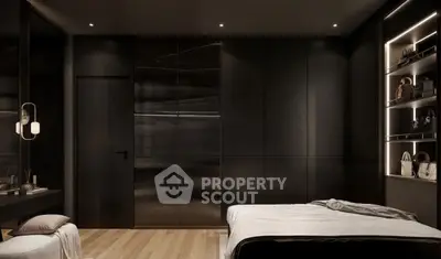 Luxurious modern bedroom with sleek dark wood paneling and ambient lighting