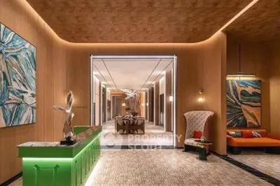 Luxurious modern living room with artistic decor and elegant lighting