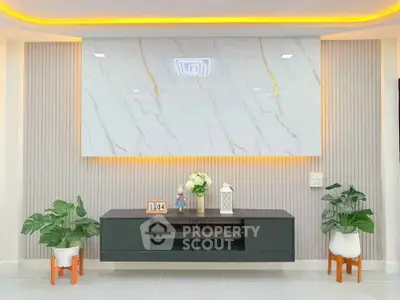 Elegant modern living room with stylish decor and ambient lighting