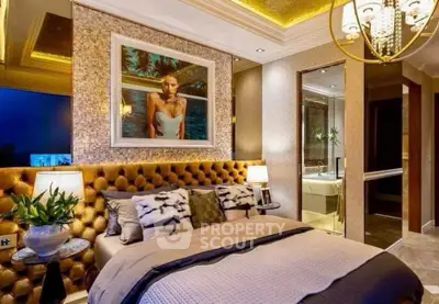 Luxurious bedroom with elegant decor and ambient lighting, featuring a plush bed and stylish artwork.