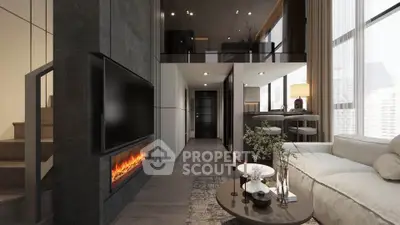 Luxurious modern living room with fireplace and high ceilings in a stylish apartment.