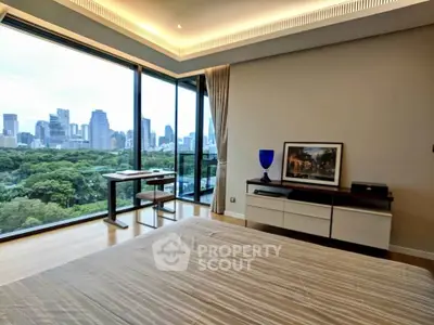 Luxurious bedroom with stunning cityscape view and modern decor