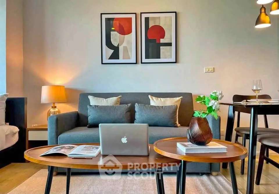 Modern living room with stylish decor and cozy seating area