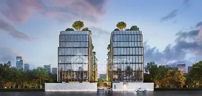 Luxurious modern twin towers with lush rooftop gardens and sleek glass facade.