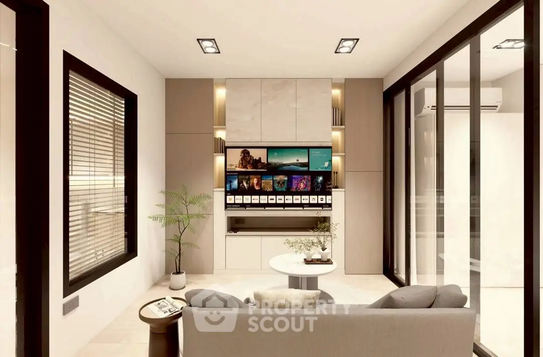 Modern living room with sleek design, large TV, and cozy seating area, perfect for relaxation and entertainment.