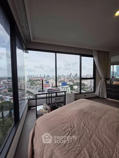 Luxurious bedroom with panoramic city view from floor-to-ceiling windows, modern decor and cozy ambiance.
