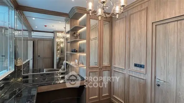 Luxurious study room with elegant wood paneling and modern lighting