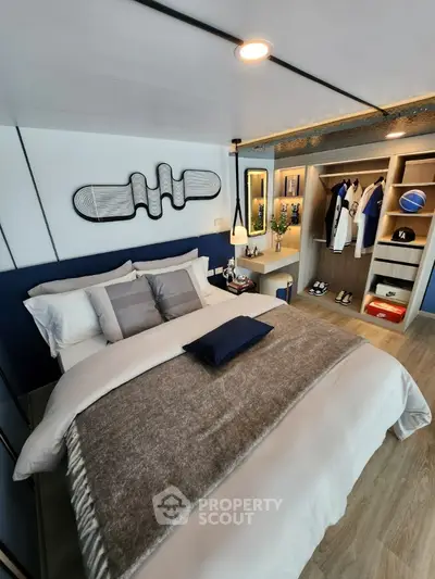 Modern bedroom with stylish decor and open closet design