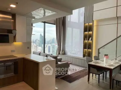 Luxurious modern apartment with stunning city view, open kitchen, and elegant dining area.
