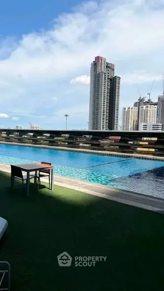 Luxurious rooftop pool with stunning city skyline view, perfect for relaxation and leisure.