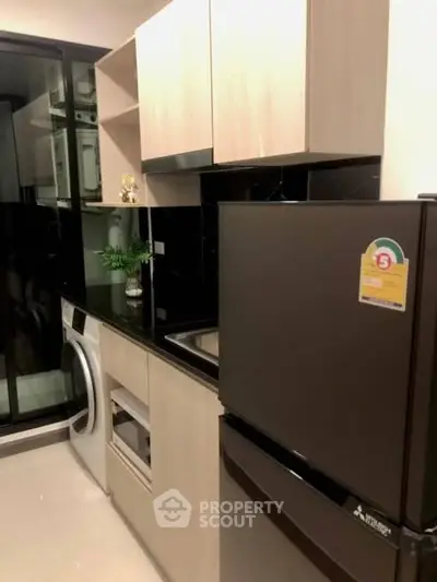 Modern kitchen with sleek appliances and stylish cabinetry in a compact layout.