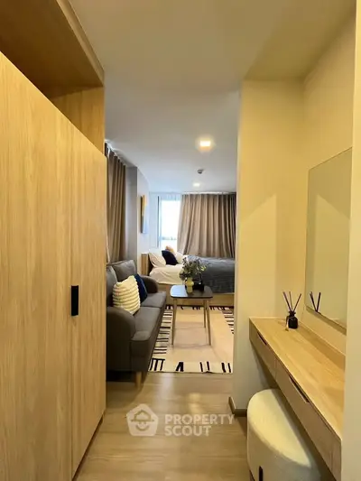 Modern apartment interior with cozy living room and stylish decor