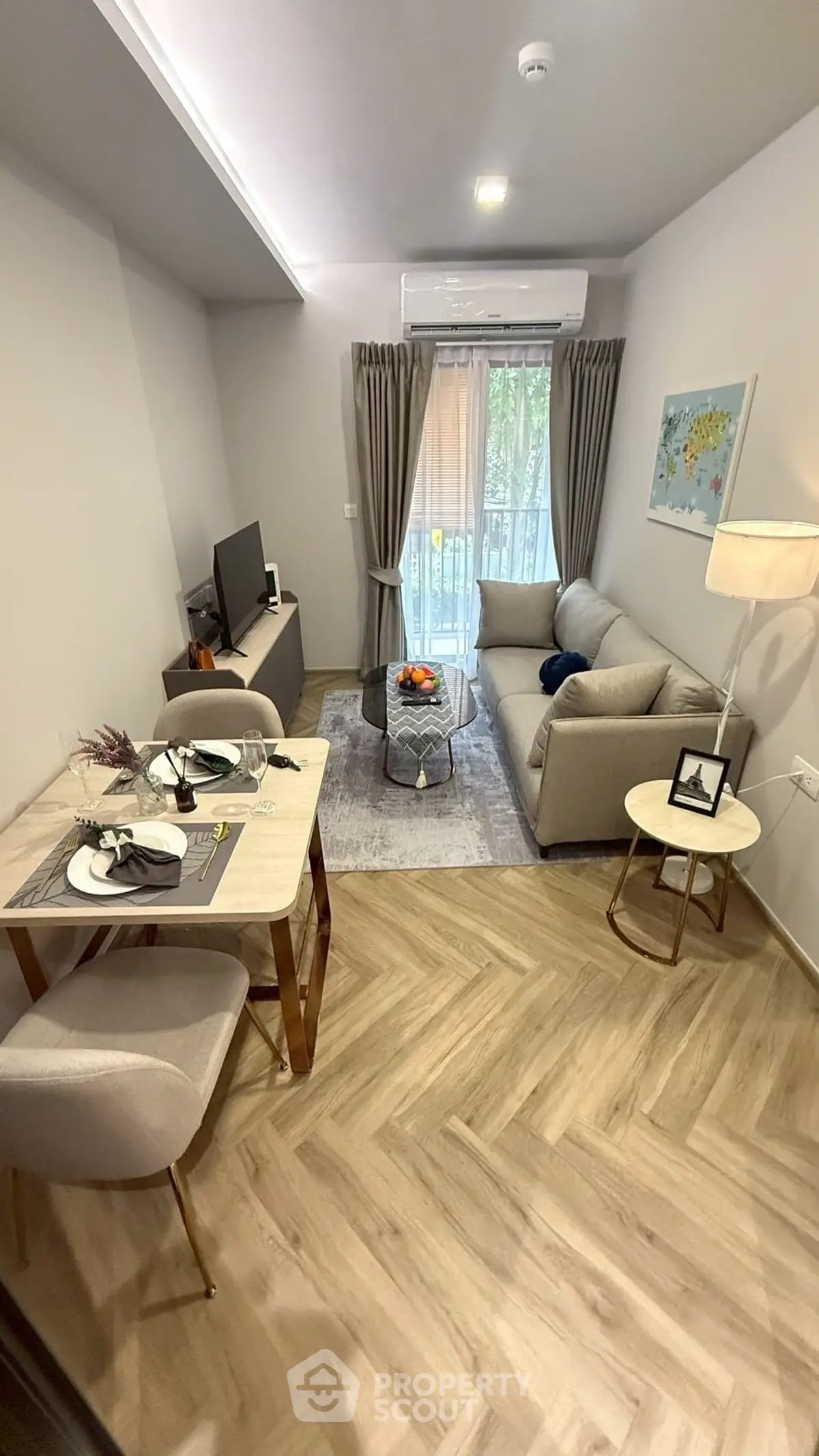 Chic modern living room with cozy seating and stylish decor, perfect for relaxation.