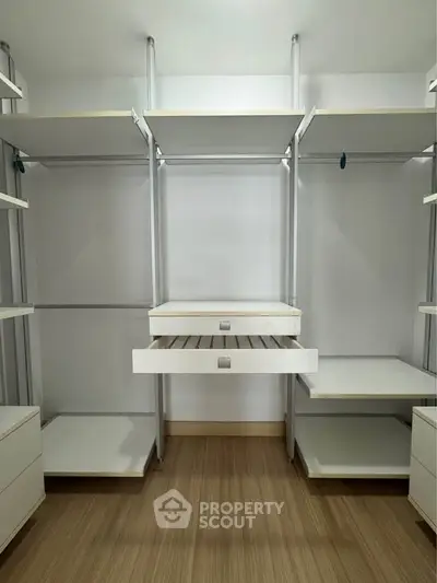 Spacious walk-in closet with modern shelving and drawers, perfect for organized storage solutions.