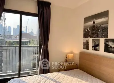 Modern bedroom with city view and stylish decor