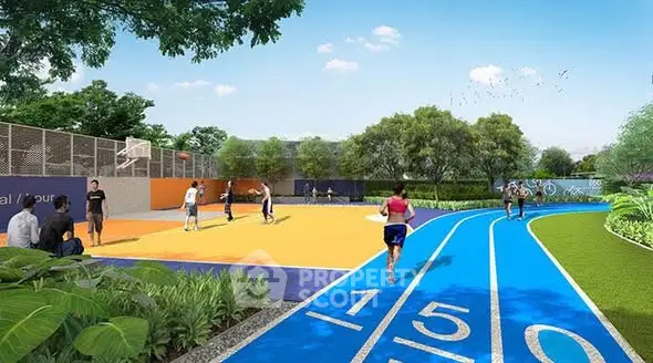 Modern outdoor sports area with basketball court and running track in lush green setting.