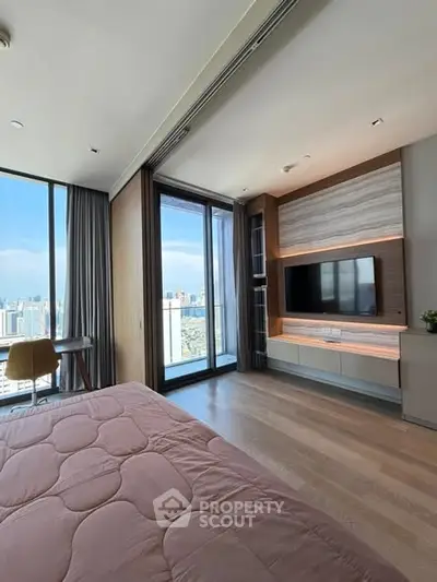 Luxurious bedroom with city view and modern decor, featuring a large window and stylish furnishings.