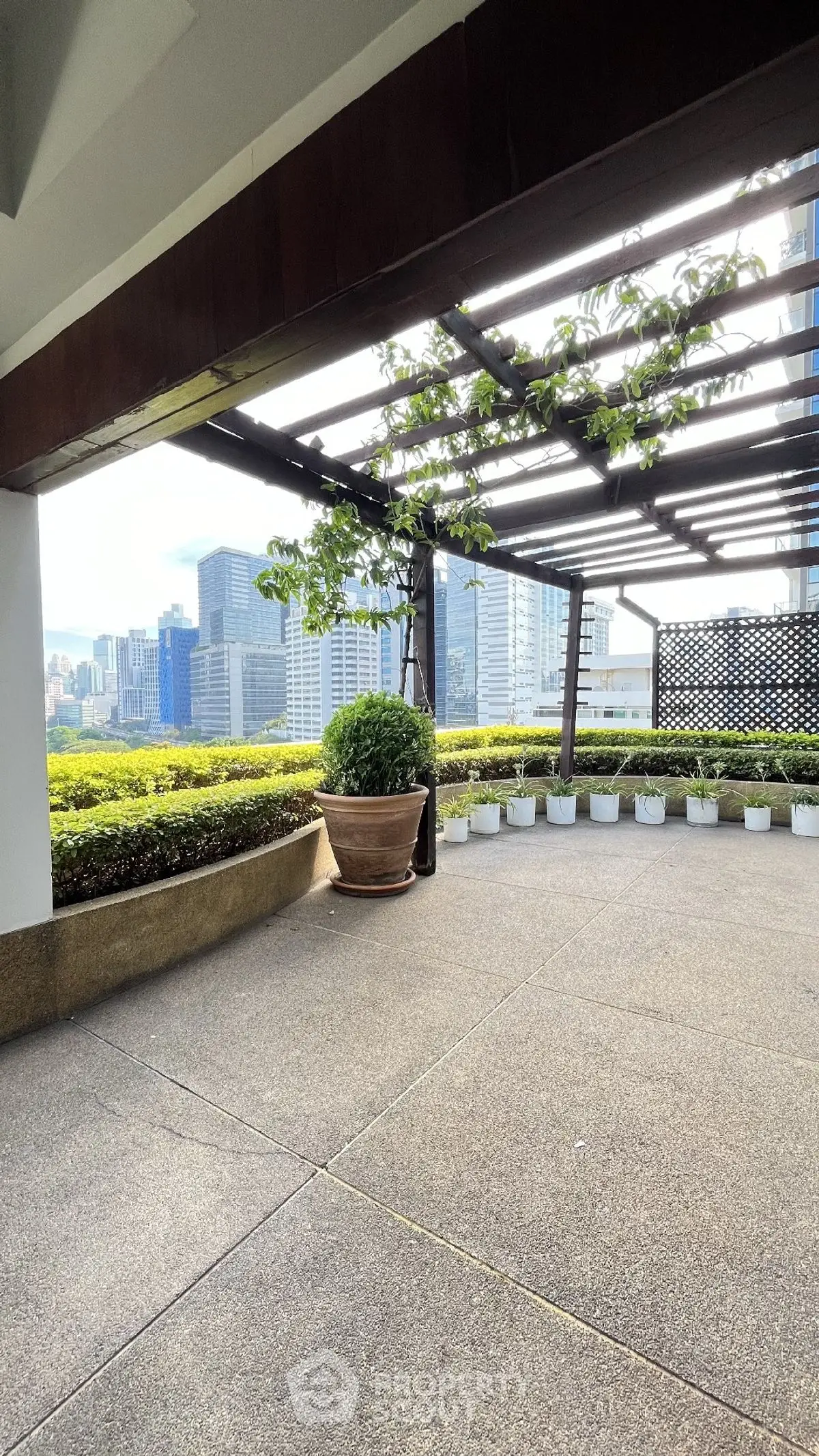 Spacious rooftop terrace with city skyline views and lush greenery, perfect for outdoor relaxation.