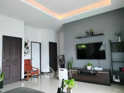 Modern living room with sleek furniture and wall-mounted TV, featuring stylish decor and ambient lighting.