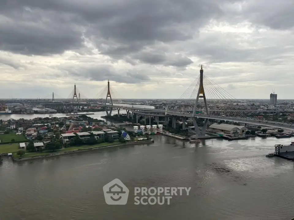 Stunning aerial view of a cityscape with a prominent bridge over a river, showcasing urban architecture.