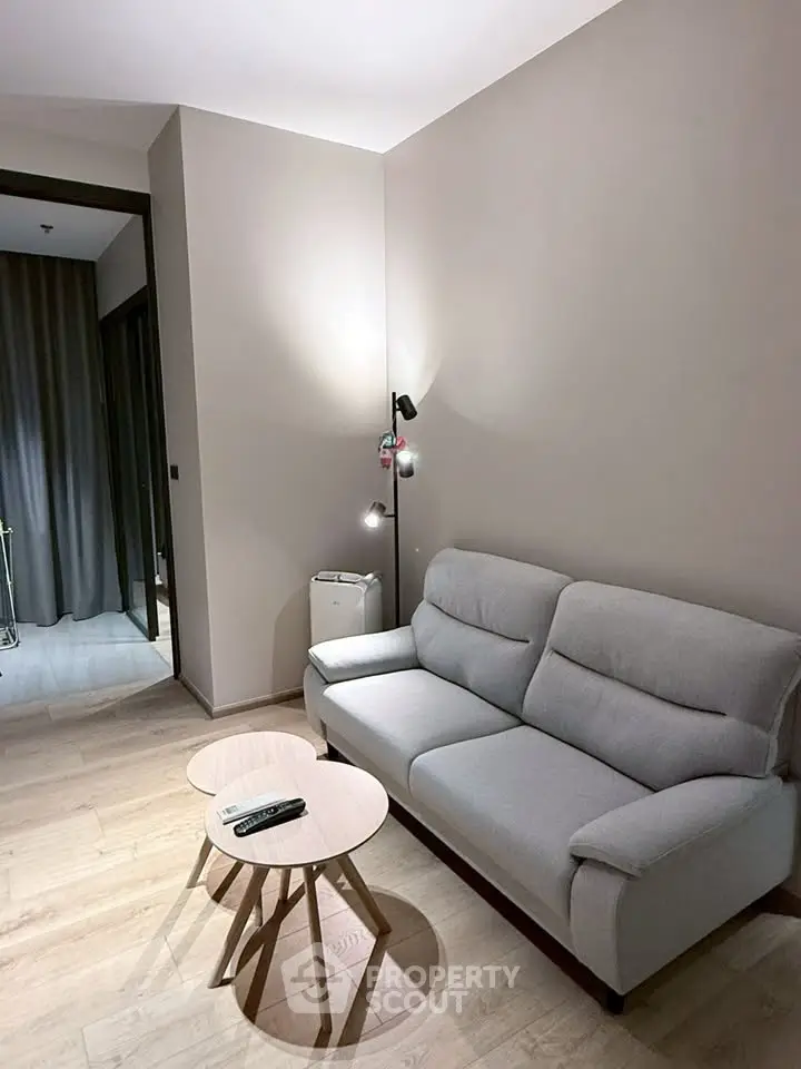 Modern living room with cozy gray sofa and stylish wooden coffee table