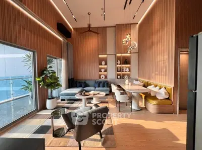 Luxurious modern living room with high ceilings and elegant decor