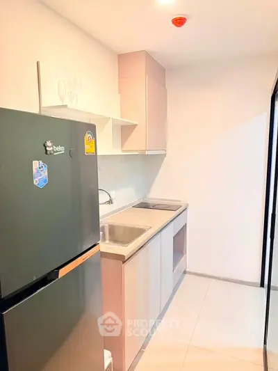 Modern compact kitchen with sleek cabinetry and stainless steel sink in a bright apartment.