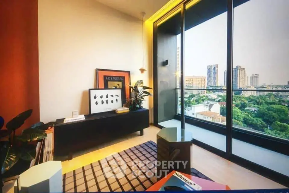 Modern living room with large balcony and stunning city view