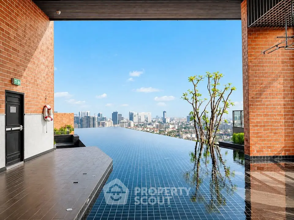 Stunning rooftop infinity pool with breathtaking city skyline view, perfect for luxury urban living.