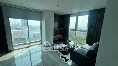 Modern living room with panoramic city view and stylish decor