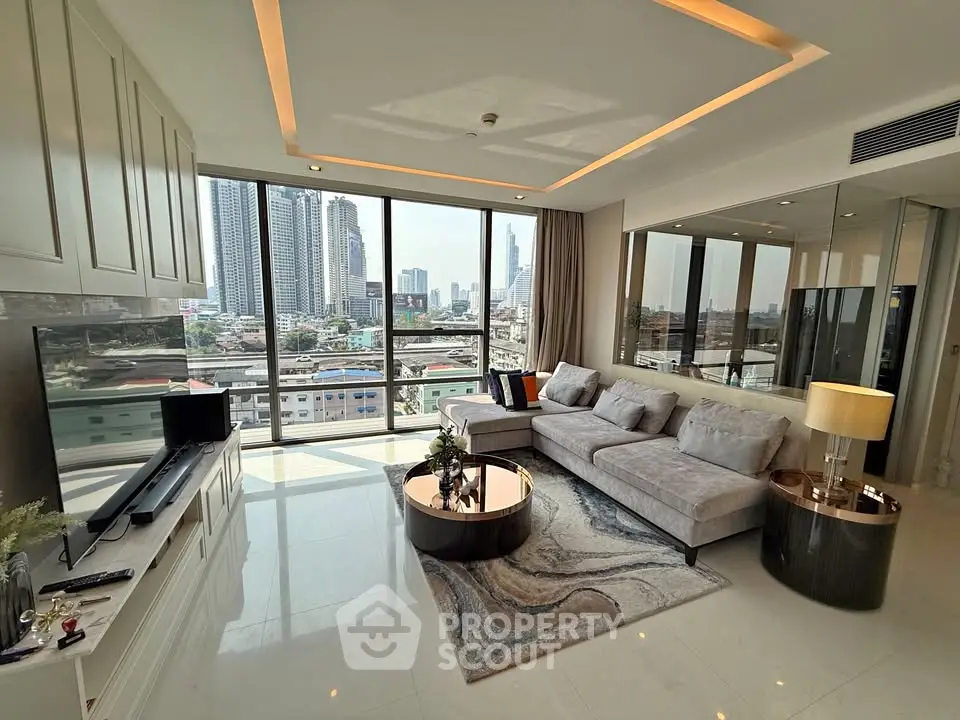 Luxurious living room with stunning city view, modern furniture, and elegant decor in high-rise apartment.
