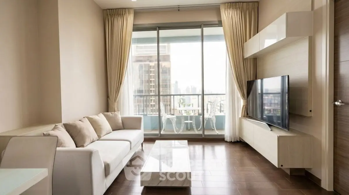 Modern living room with large windows and city view, featuring sleek furniture and elegant decor.